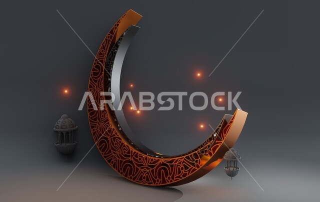 الاحتفال بقدوم شهر رمضان المبارك، هلال الشهر مع فانوس عربي معدني مزخرف مضيء، تحف وفوانيس تقليدية في أجواء رمضانية وروحانية إسلامية، زينة وديكورات الاعياد والمناسبات الدينية، خلفية رمادية