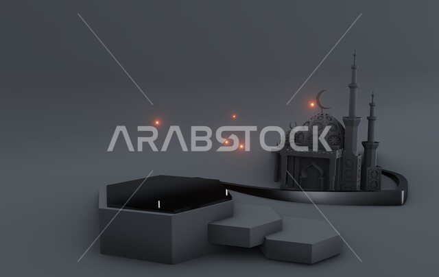 تصاميم وديكورات وزينة اسلامية دينية فاخرة، مجسم ثلاثي الابعاد لمسجد على الطراز الاسلامي، الاعياد والمناسبات الدينية، العبادة والتقرب الى الله في شهر رمضان المبارك، أجواء رمضانية روحانية، بطاقة تهنئة المسلمين بقدوم العيد، خلفية رمادية