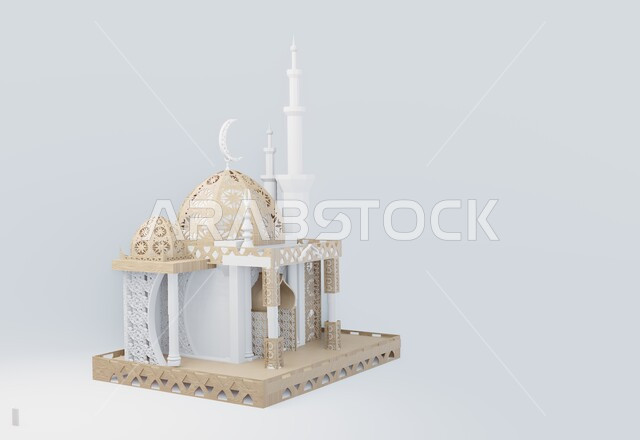الاعياد والمناسبات الدينية، مجسم ثلاثي الابعاد لمسجد على الطراز الاسلامي، تصاميم وديكورات وزينة اسلامية دينية فاخرة، العبادة والتقرب الى الله في شهر رمضان المبارك، أجواء رمضانية روحانية، بطاقة تهنئة المسلمين بقدوم العيد، خلفية بيضاء
