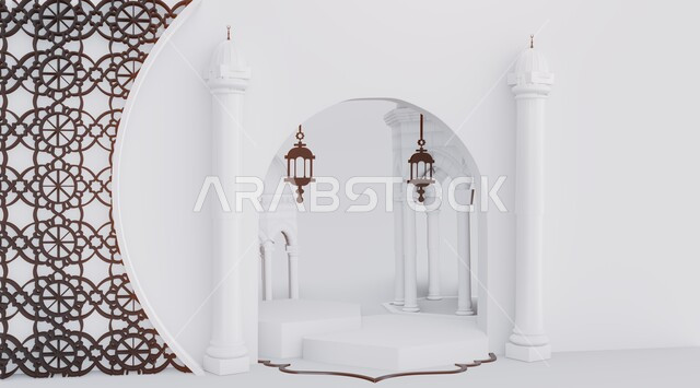 مجسم ثلاثي الابعاد لمسجد على الطراز الاسلامي، تصاميم وديكورات وزينة اسلامية دينية فاخرة، الاعياد والمناسبات الدينية، العبادة والتقرب الى الله في شهر رمضان المبارك، أجواء رمضانية روحانية، بطاقة تهنئة المسلمين بقدوم العيد، خلفية بيضاء