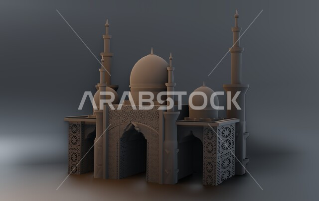ديكورات وزينة وتصاميم اسلامية دينية فاخرة، مجسم ثلاثي الابعاد لمسجد على الطراز الاسلامي، الاعياد والمناسبات الدينية، العبادة والتقرب الى الله في شهر رمضان المبارك، أجواء رمضانية روحانية، بطاقة تهنئة المسلمين بقدوم العيد، خلفية رمادية