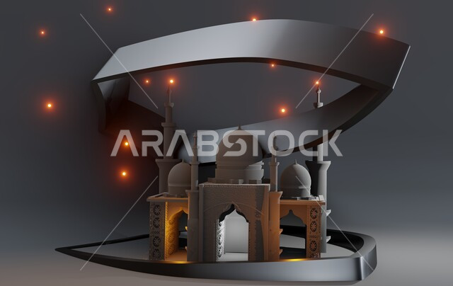 زينة وديكورات وتصاميم اسلامية دينية فاخرة، مجسم ثلاثي الابعاد لمسجد على الطراز الاسلامي، الاعياد والمناسبات الدينية، العبادة والتقرب الى الله في شهر رمضان المبارك، أجواء رمضانية روحانية، بطاقة تهنئة المسلمين بقدوم العيد، خلفية رمادية