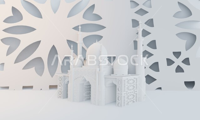المناسبات والاعياد الدينية، مجسم ثلاثي الابعاد لمسجد على الطراز الاسلامي، تصاميم وديكورات وزينة اسلامية دينية فاخرة، العبادة والتقرب الى الله في شهر رمضان المبارك، أجواء رمضانية روحانية، بطاقة تهنئة المسلمين بقدوم العيد