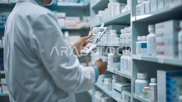 البحث عن الوصفة الدوائية, مهن ووظائف سعودية، فحص وجرد مخزون الأدوية والمستلزمات الطبية داخل الصيدلية، صورة مقربة لصيدلاني عربي سعودي خليجي يرتدي اليونيفورم الطبي يقوم بتقديم الرعاية الصحية والوصفات الطبية