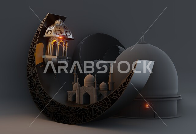 فوانيس وتصاميم وزينة اسلامية دينية فاخرة، أجواء رمضانية روحانية، بطاقة تهنئة المسلمين بقدوم العيد، المناسبات والاعياد الدينية، مجسم ثلاثي الابعاد لمسجد على الطراز الاسلامي مع هلال الشهر، العبادة والتقرب الى الله في شهر رمضان المبارك، خلفية رمادية