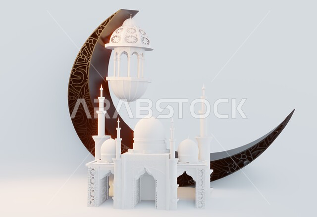 التقرب الى الله والعبادة في شهر رمضان المبارك، فوانيس وتصاميم وزينة اسلامية دينية فاخرة، أجواء رمضانية روحانية، بطاقة تهنئة المسلمين بقدوم العيد، المناسبات والاعياد الدينية، مجسم ثلاثي الابعاد لمسجد على الطراز الاسلامي مع هلال الشهر، خلفية بيضاء