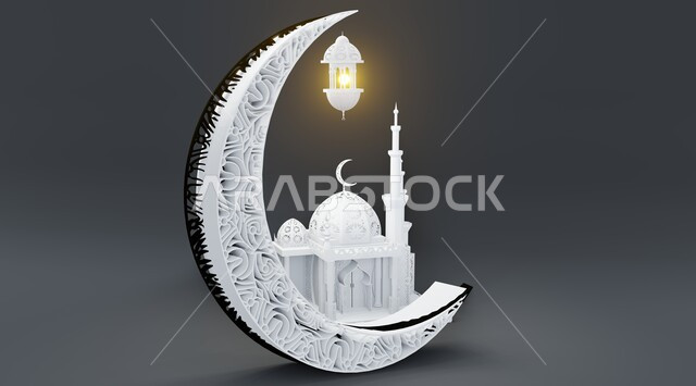بطاقة تهنئة المسلمين بقدوم العيد، المناسبات والاعياد الدينية، مجسم ثلاثي الابعاد لمسجد على الطراز الاسلامي مع هلال الشهر، تصاميم وديكورات وزينة اسلامية دينية فاخرة، العبادة والتقرب الى الله في شهر رمضان المبارك، أجواء رمضانية روحانية، خلفية رمادية