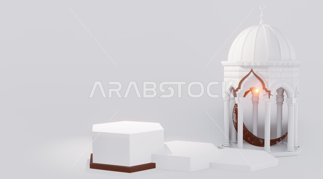 الفن الاسلامي للتحف والاكسسوارات، فانوس عربي معدني مزخرف مضيء، إضاءة وزينة شهر رمضان المبارك، ديكورات وأنوار في الأجواء الرمضانية الروحانية، فوانيس و تحف اسلامية تقليدية للاحتفال بقدوم شهر الخير، خلفية بيضاء