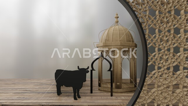 فوانيس و تحف اسلامية تقليدية للاحتفال بقدوم شهر الخير، فانوس عربي معدني مزخرف مضيء مع مجسم ماعز، الفن الاسلامي للتحف والاكسسوارات، إضاءة وزينة شهر رمضان المبارك، ديكورات وأنوار في الأجواء الرمضانية الروحانية، خلفية بيضاء