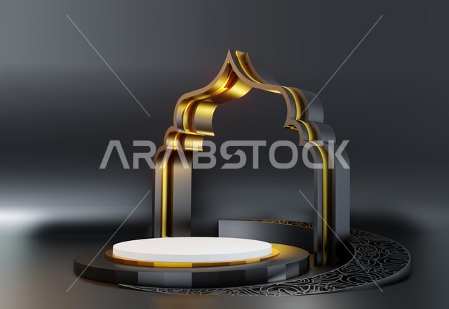 تصاميم وديكورات وأجواء روحانية، عرض ثلاثي الابعاد لمنصة إسلامية، تحف واكسسوارات رمضانية للمناسبات والاعياد الدينية، البهجة بقدوم شهر الخير، خلفية رمادية