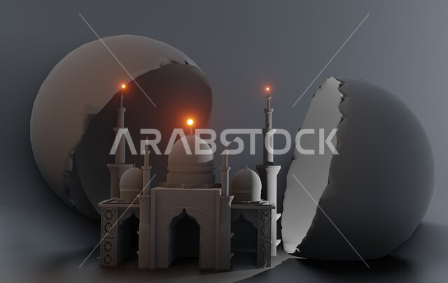 المعالم والأماكن الإسلامية المقدسة، العبادة وىالتقرب الى الله تعالى, مقصد المسلمين لأداء الصلوات، مجسم ثلاثي الابعاد لمسجد, أجواء روحانية إسلامية, التصاميم العصرية على الطراز الحديث لبناء المساجد, خلفية رمادية