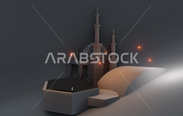الأماكن والمعالم الإسلامية المقدسة، العبادة وىالتقرب الى الله تعالى, مقصد المسلمين لأداء الصلوات، مجسم ثلاثي الابعاد لمسجد, أجواء روحانية إسلامية, التصاميم العصرية على الطراز الحديث لبناء المساجد, خلفية رمادية