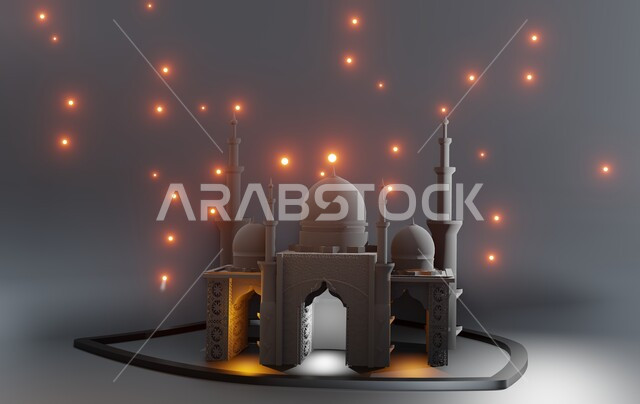 العبادة وىالتقرب الى الله تعالى, مقصد المسلمين لأداء الصلوات، الأماكن والمعالم الإسلامية المقدسة، مجسم ثلاثي الابعاد لمسجد, أجواء روحانية إسلامية, التصاميم العصرية على الطراز الحديث لبناء المساجد, خلفية رمادية