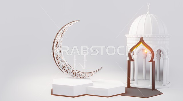 هلال وفانوس عربي معدني مزخرف مضيء، إضاءة وزينة شهر رمضان المبارك، فوانيس و تحف اسلامية تقليدية للاحتفال بقدوم شهر الخير، الفن الاسلامي للتحف والاكسسوارات، ديكورات وأنوار في الأجواء الرمضانية الروحانية، خلفية بيضاء