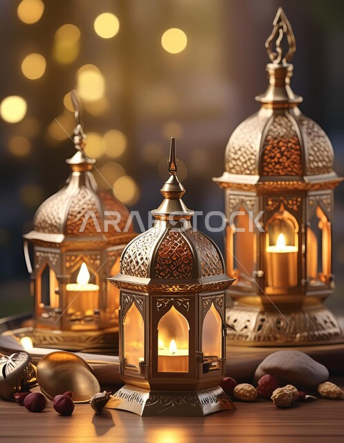 Traditional lanterns and antiques to celebrate the advent of the holy month of Ramadan, decorations and decorations for holidays and religious occasions, Ramadan and Islamic spiritual atmosphere, illuminated decorative metal Arabic lantern.Traditional lanterns and antiques to celebrate the advent of the holy month of Ramadan, decorations and decorations for holidays and religious occasions, Ramadan and Islamic spiritual atmosphere, illuminated decorative metal Arabic lantern.