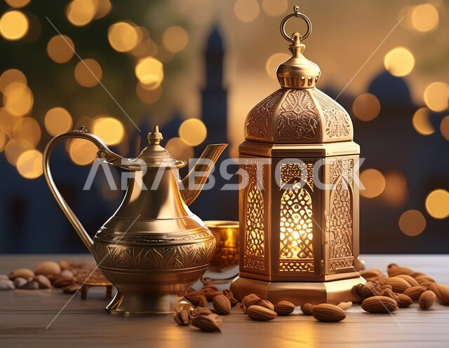 ديكورات و زينة الاعياد والمناسبات الدينية، أجواء رمضانية وروحانية إسلامية، فانوس عربي معدني مزخرف مضيء, تحف وفوانيس تقليدية للاحتفال بقدوم شهر رمضان المبارك, خلفية المساجد الاسلامية