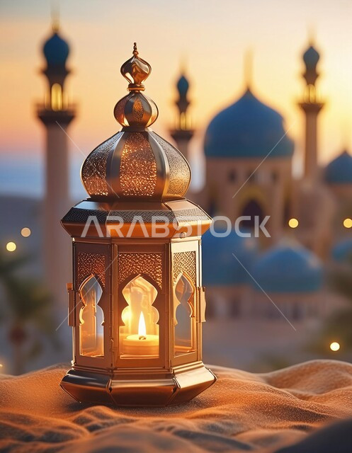 فانوس عربي معدني مزخرف مضيء على الرمال الذهبية ,فوانيس و تحف تقليدية للاحتفال بقدوم شهر رمضان المبارك ,ديكورات و زينة الاعياد والمناسبات الدينية، أجواء رمضانية وروحانية إسلامية