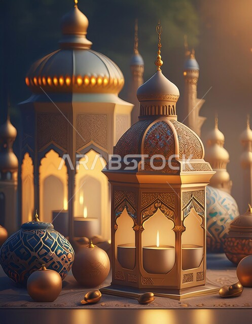 Traditional lanterns and antiques to celebrate the advent of the holy month of Ramadan, decorations and decorations for holidays and religious occasions, Ramadan and Islamic spiritual atmosphere, illuminated decorative metal Arabic lantern.Traditional lanterns and antiques to celebrate the advent of the holy month of Ramadan, decorations and decorations for holidays and religious occasions, Ramadan and Islamic spiritual atmosphere, illuminated decorative metal Arabic lantern.