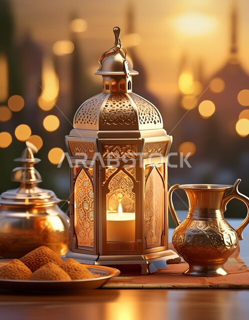  أجواء رمضانية وروحانية إسلامية، زينة وديكورات الاعياد والمناسبات الدينية، فانوس عربي معدني مزخرف مضيء, تحف وفوانيس تقليدية للاحتفال بقدوم شهر رمضان المبارك, خلفية المساجد الاسلامية