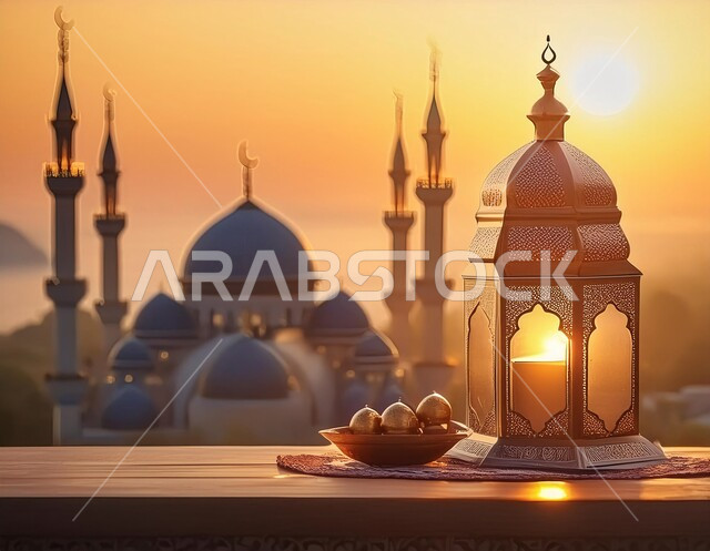 زينة وديكورات الاعياد والمناسبات الدينية، فانوس عربي معدني مزخرف مضيء, تحف وفوانيس تقليدية للاحتفال بقدوم شهر رمضان المبارك، أجواء رمضانية وروحانية إسلامية، خلفية المساجد الاسلامية