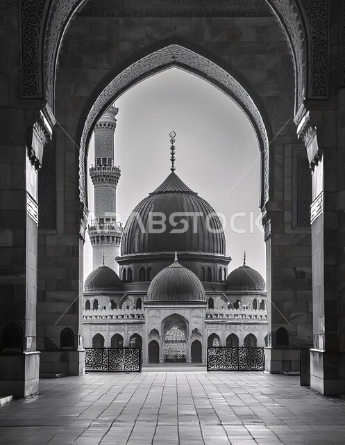 Performing obligatory duties and prayers, distinctive designs and decorations in the Islamic style for domes and minarets, the concept of worship and getting closer to God, a black and white picture of the architectural engineering art of mosques, Ramadan religious backgrounds