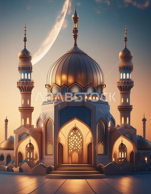  خلفيات دينية رمضانية، مفهوم العبادة والتقرب إلى الله، الفن الهندسي المعماري للمساجد, ديكورات وتصاميم متميزة على الطراز الاسلامي للقبب والمآذن، أداء الفرائض والصلوات, خلفية السماء مع الهلال
