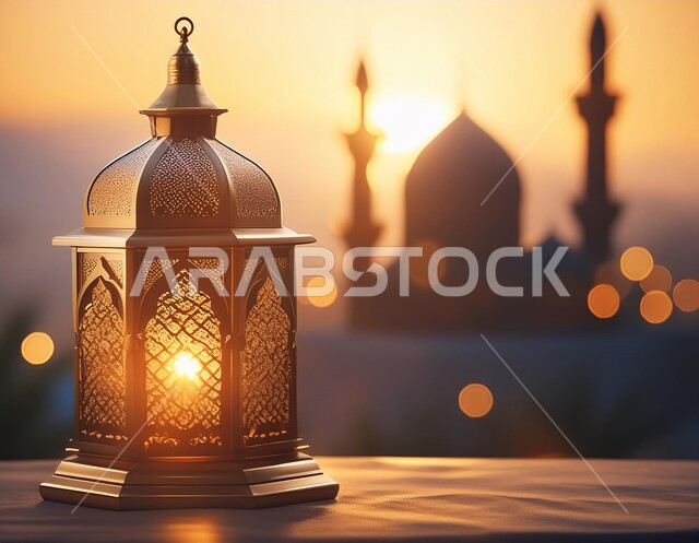 زينة وديكورات الاعياد والمناسبات الدينية، فانوس عربي معدني مزخرف مضيء, تحف وفوانيس تقليدية للاحتفال بقدوم شهر رمضان المبارك، أجواء رمضانية وروحانية إسلامية، خلفية المساجد الاسلامية