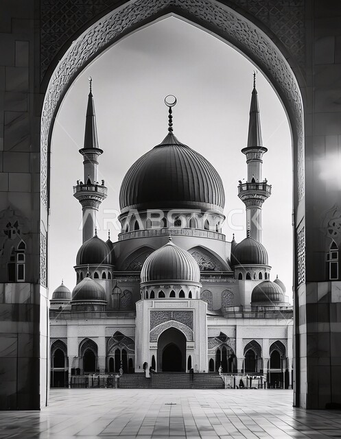  أداء الفرائض والصلوات, مفهوم العبادة والتقرب إلى الله، صورة بالابيض و الاسود للفن الهندسي المعماري للمساجد، خلفيات دينية رمضانية، ديكورات وتصاميم متميزة على الطراز الاسلامي للقبب والمآذن