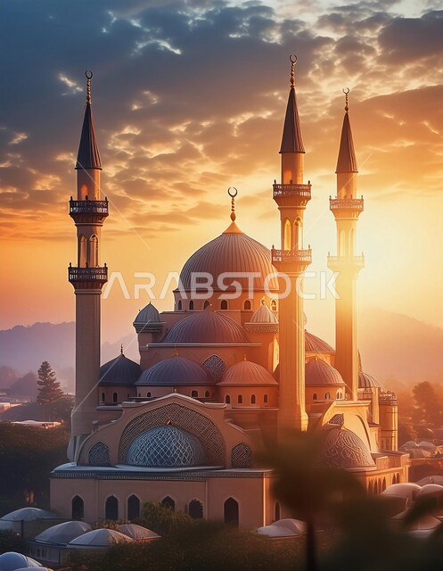 مفهوم العبادة والتقرب إلى الله، الفن الهندسي المعماري للمساجد، خلفيات دينية رمضانية، ديكورات وتصاميم متميزة على الطراز الاسلامي للقبب والمآذن، أداء الفرائض والصلوات, خلفية السماء وقت غروب الشمس