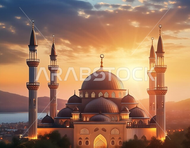 مفهوم العبادة والتقرب إلى الله، الفن الهندسي المعماري للمساجد، خلفيات دينية رمضانية، ديكورات وتصاميم متميزة على الطراز الاسلامي للقبب والمآذن، أداء الفرائض والصلوات, خلفية السماء وقت غروب الشمس