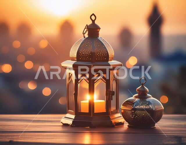فانوس عربي معدني مزخرف مضيء, تحف وفوانيس تقليدية للاحتفال بقدوم شهر رمضان المبارك، أجواء رمضانية وروحانية إسلامية، زينة وديكورات الاعياد والمناسبات الدينية، خلفية المساجد الاسلامية