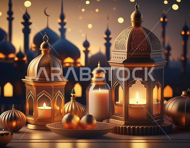 Traditional antiques and lanterns to celebrate the advent of the holy month of Ramadan, Ramadan and Islamic spiritual atmosphere, decorations and decorations for holidays and religious occasions, illuminated decorative metal Arabic lantern, background of Islamic mosques