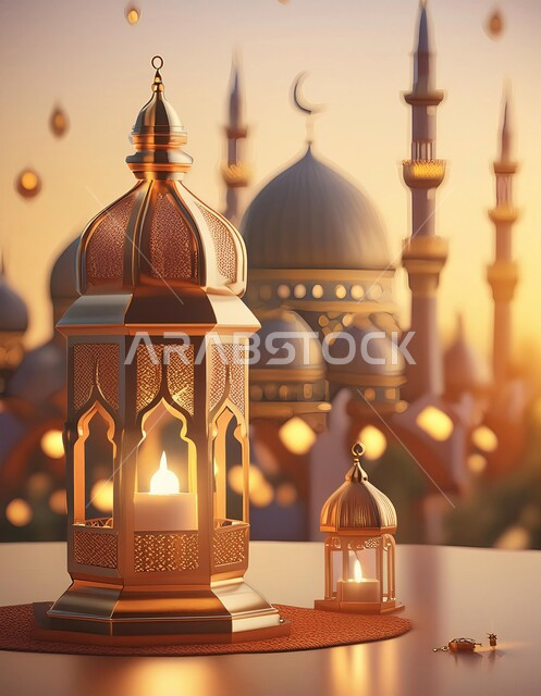 Traditional antiques and lanterns to celebrate the advent of the holy month of Ramadan, Ramadan and Islamic spiritual atmosphere, decorations and decorations for holidays and religious occasions, illuminated decorative metal Arabic lantern, background of Islamic mosques