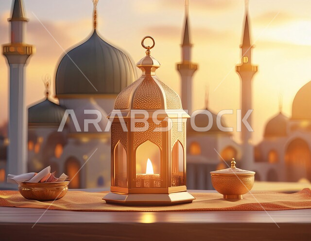 فانوس عربي معدني مزخرف مضيء, تحف وفوانيس تقليدية للاحتفال بقدوم شهر رمضان المبارك، أجواء رمضانية وروحانية إسلامية، زينة وديكورات الاعياد والمناسبات الدينية، خلفية المساجد الاسلامية