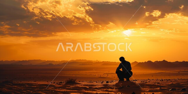 التلال والكثبان الرملية في الصحراء، أنشطة ترفيهية ورحلات على المال الذهبية الناعمة، الاستمتاع بالمناظر الطبيعية في الصحاري وقت الغروب، صورة ظلية من الخلف لرجل عربي خليجي سعودي في المناطق الصحراوية،  سيلويت