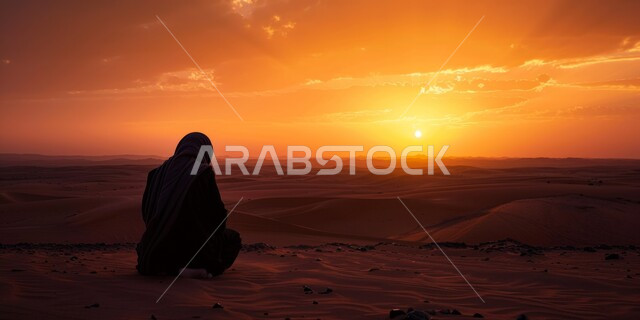 أنشطة ترفيهية ورحلات على المال الذهبية الناعمة، الاستمتاع بالمناظر الطبيعية في الصحاري وقت الغروب، صورة ظلية من الخلف لرجل عربي خليجي سعودي في المناطق الصحراوية،  التلال والكثبان الرملية في الصحراء، سيلويت