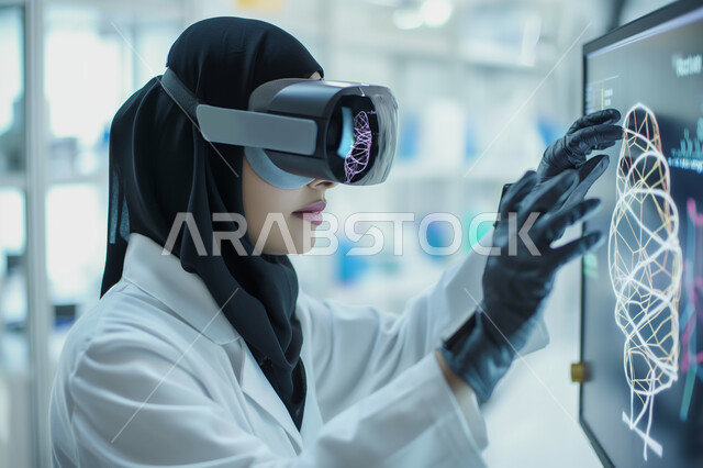 Integration and simulation of the imaginary world, a close-up image of a veiled Saudi Arabian Gulf woman wearing virtual reality glasses and gloves interacting with holographic elements and genetic chains, the concept of entertainment and entertainment, having a good time, the development of technology and technology