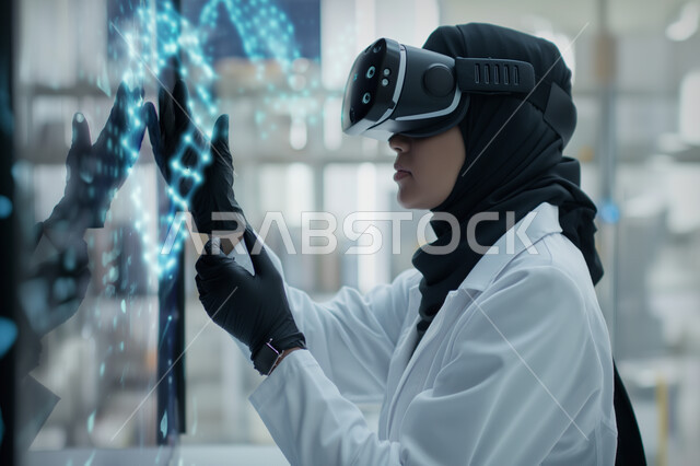 Integration and simulation of the imaginary world, a close-up image of a veiled Saudi Arabian Gulf woman wearing virtual reality glasses and gloves interacting with holographic elements and genetic chains, the concept of entertainment and entertainment, having a good time, the development of technology and technology