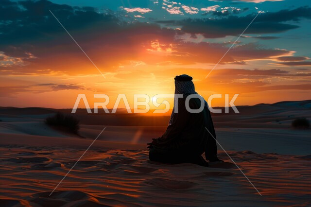 منظر غروب الشمس في السماء المليئة بالغيوم، الكثبان والتلال الرملية في الصحراء، أنشطة ترفيهية ورحلات على المال الذهبية الناعمة، الاستمتاع بالمناظر الطبيعية في الصحاري، صورة ظلية من الخلف لرجل عربي خليجي سعودي في المناطق الصحراوية،  سيلويت
