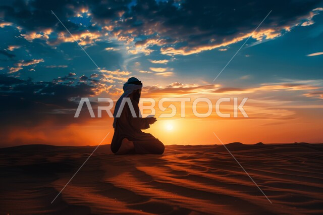 مشهد غروب الشمس في السماء المليئة بالغيوم، الكثبان والتلال الرملية في الصحراء، أنشطة ترفيهية ورحلات على المال الذهبية الناعمة، الاستمتاع بالمناظر الطبيعية في الصحاري، صورة ظلية من الخلف لرجل عربي خليجي سعودي في المناطق الصحراوية،  سيلويت