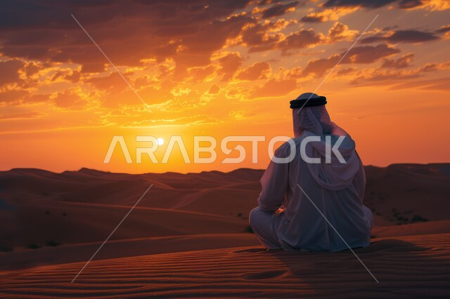 الكثبان والتلال الرملية في الصحراء، مشهد غروب الشمس في السماء المليئة بالغيوم، أنشطة ترفيهية ورحلات على المال الذهبية الناعمة، الاستمتاع بالمناظر الطبيعية في الصحاري، صورة ظلية من الخلف لرجل عربي خليجي سعودي في المناطق الصحراوية،  سيلويت