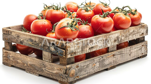 Fruits with high nutritional value, a close-up of ripe tomato vegetables full of vitamins inside a wooden box, tomato harvest season in the Kingdom of Saudi Arabia, national local agricultural crops