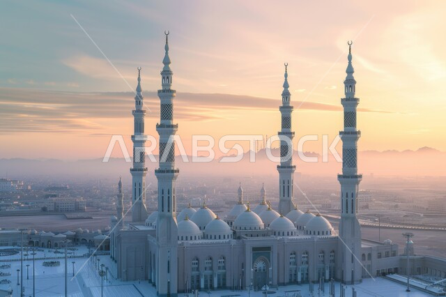 القبب و المآذن على الطراز الإسلامي العصري الحديث، التقرب إلى الله تعالى بالعباده، الفن الهندسي المعماري لبناء المساجد في المملكة العربية السعودية، معالم و أماكن اسلامية مقدسة، منظر غروب الشمس في السماء المليئة بالغيوم