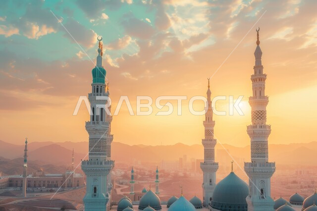 العباده والتقرب إلى الله، القبب و المآذن على الطراز الإسلامي العصري الحديث، الفن الهندسي المعماري لبناء المساجد في المملكة العربية السعودية، معالم و أماكن اسلامية مقدسة، منظر غروب الشمس في السماء المليئة بالغيوم