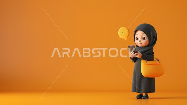 استخدام التقنيات الحديثة المتطورة, رسوم كرتونية لشابة عربيه خليجية سعودية محجبة ترتدي العباءة السوداء تحمل بيدها الهاتف المحمول, التواصل و الدردشة مع الاصدقاء و الاهل, مفهوم انجاز المهام عن بعد, خلفية أرجوانية