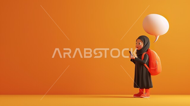 الانزعاج عند سماع خبر سيء, استخدام التقنيات الحديثة المتطورة, رسوم كرتونية لطالبة عربيه خليجية سعودية محجبة ترتدي العباءة السوداء تحمل بيدها الهاتف المحمول بتعابير المفاجئة و الصدمة, التواصل و الدردشة مع الاصدقاء و الاهل, خلفية أرجوانية