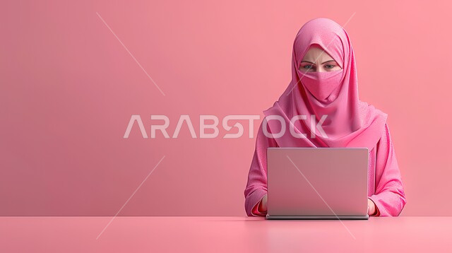 دمج الوسائل التقنية الحديثة والمتطورة في الحياة العملية, مفهوم إنجاز المهام عن بعد، بورتريه مقرب لإمرأة عربية خليجية سعودية مبتسمة محجبة ترتدي البرقعتعمل على الحاسوب المحمول، خلفية وردية