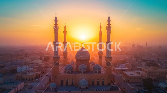 معالم و أماكن اسلامية مقدسة، الديكورات والتصاميم الهندسية المعمارية لبناء المساجد في المملكة العربية السعودية، المآذن و القبب على الطراز الإسلامي العصري الحديث، التقرب إلى الله تعالى بالعباده، منظر غروب الشمس في السماء
