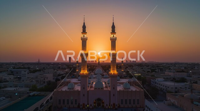 التصاميم والديكورات الهندسية المعمارية لبناء المساجد في المملكة العربية السعودية، المآذن و القبب على الطراز الإسلامي العصري الحديث، التقرب إلى الله تعالى بالعباده، معالم و أماكن اسلامية مقدسة، منظر غروب الشمس في السماء
