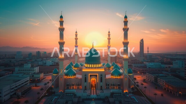 الفن الهندسي المعماري لبناء المساجد في المملكة العربية السعودية، المآذن و القبب على الطراز الإسلامي العصري الحديث، التقرب إلى الله تعالى بالعباده، معالم و أماكن اسلامية مقدسة، منظر غروب الشمس في السماء